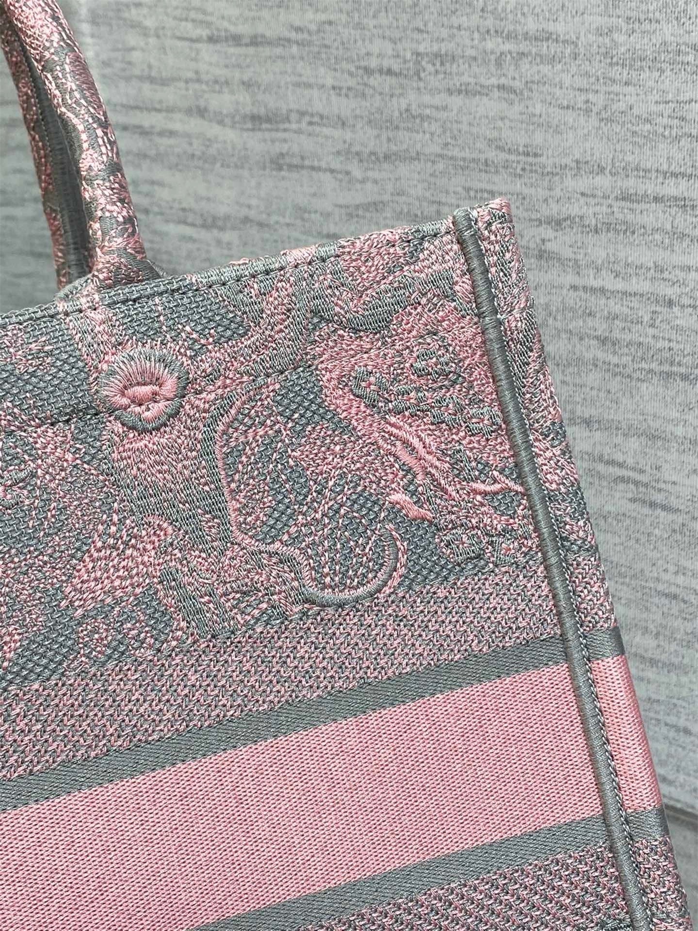 Dior Medium Book Tote Bag in Grey and Pink Toile de Jouy Reverse Embroidery 204