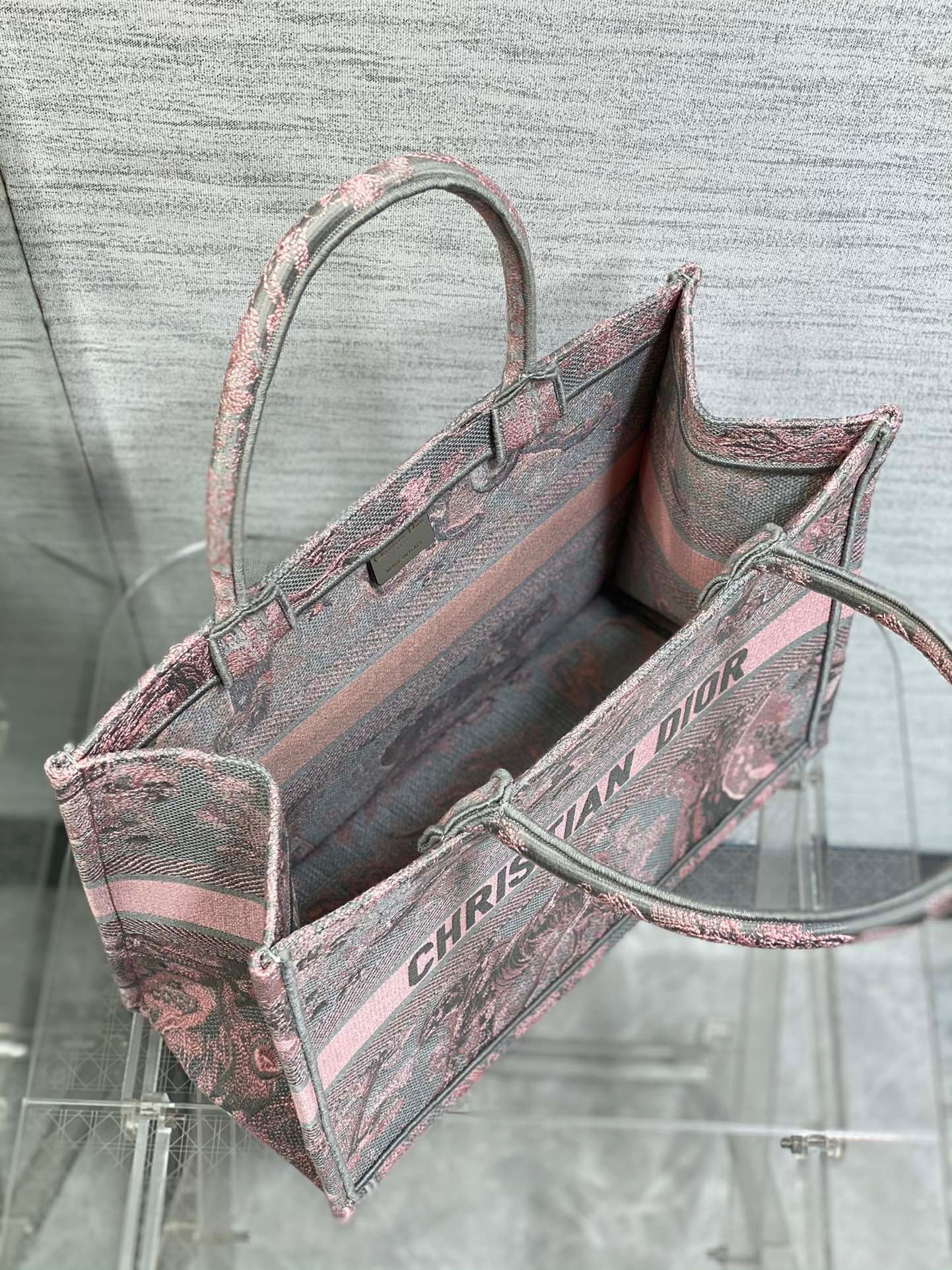 Dior Medium Book Tote Bag in Grey and Pink Toile de Jouy Reverse Embroidery 204