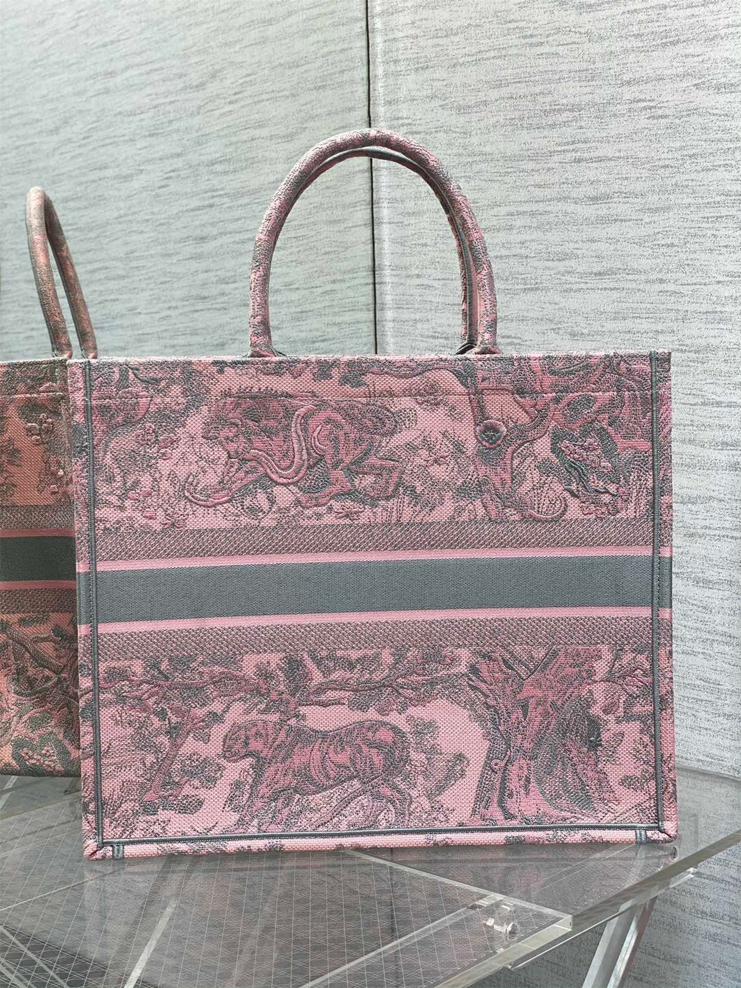 Dior Large Book Tote Bag in Pink and Gray Toile de Jouy Sauvage Embroidery 239