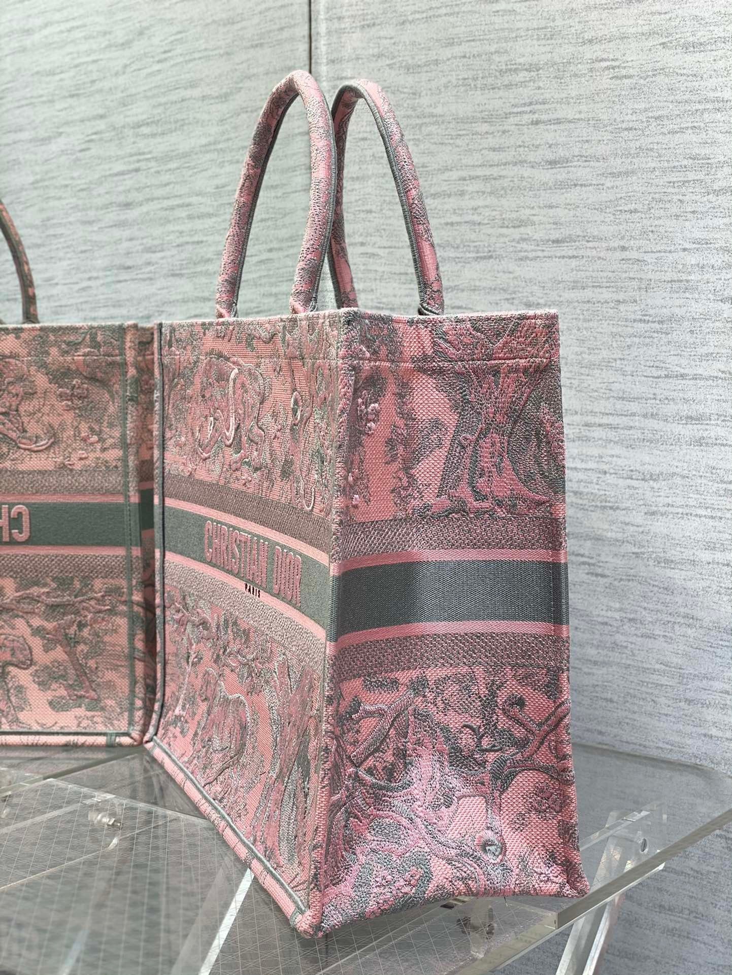 Dior Large Book Tote Bag in Pink and Gray Toile de Jouy Sauvage Embroidery 239