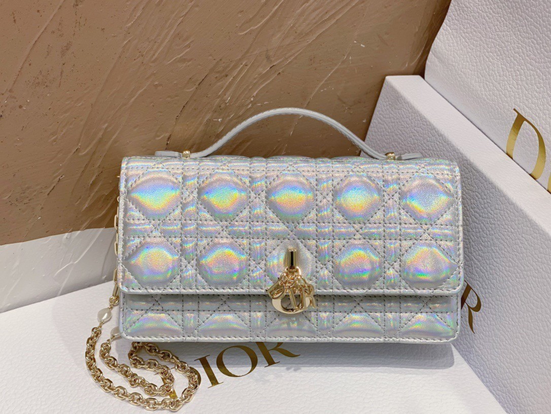 Dior Miss Dior Mini Bag In Iridescent Metallic Silver Lambskin 474