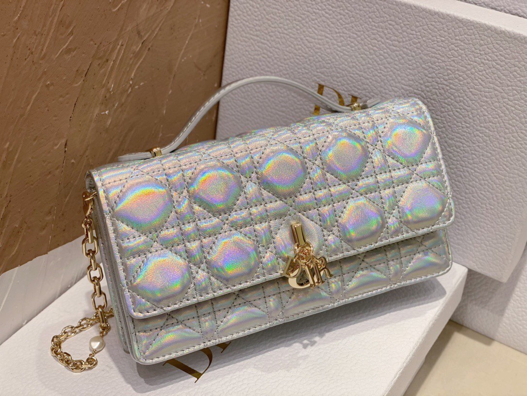 Dior Miss Dior Mini Bag In Iridescent Metallic Silver Lambskin 474