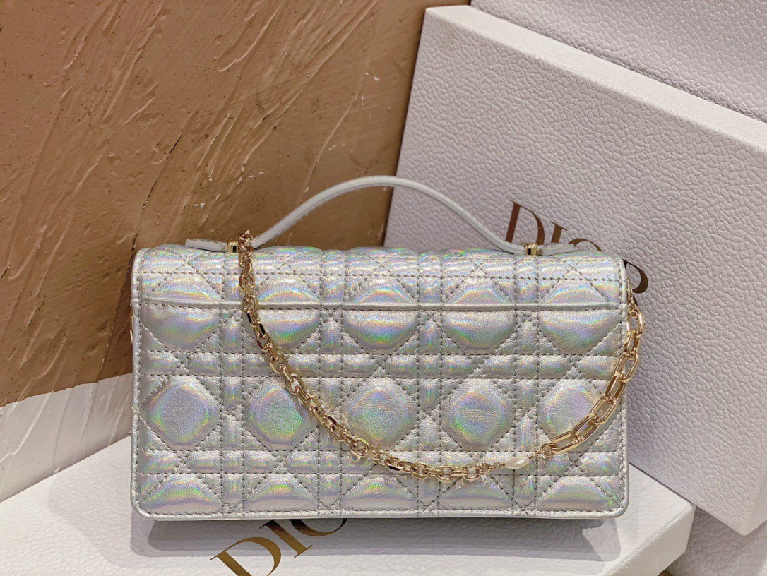 Dior Miss Dior Mini Bag In Iridescent Metallic Silver Lambskin 474