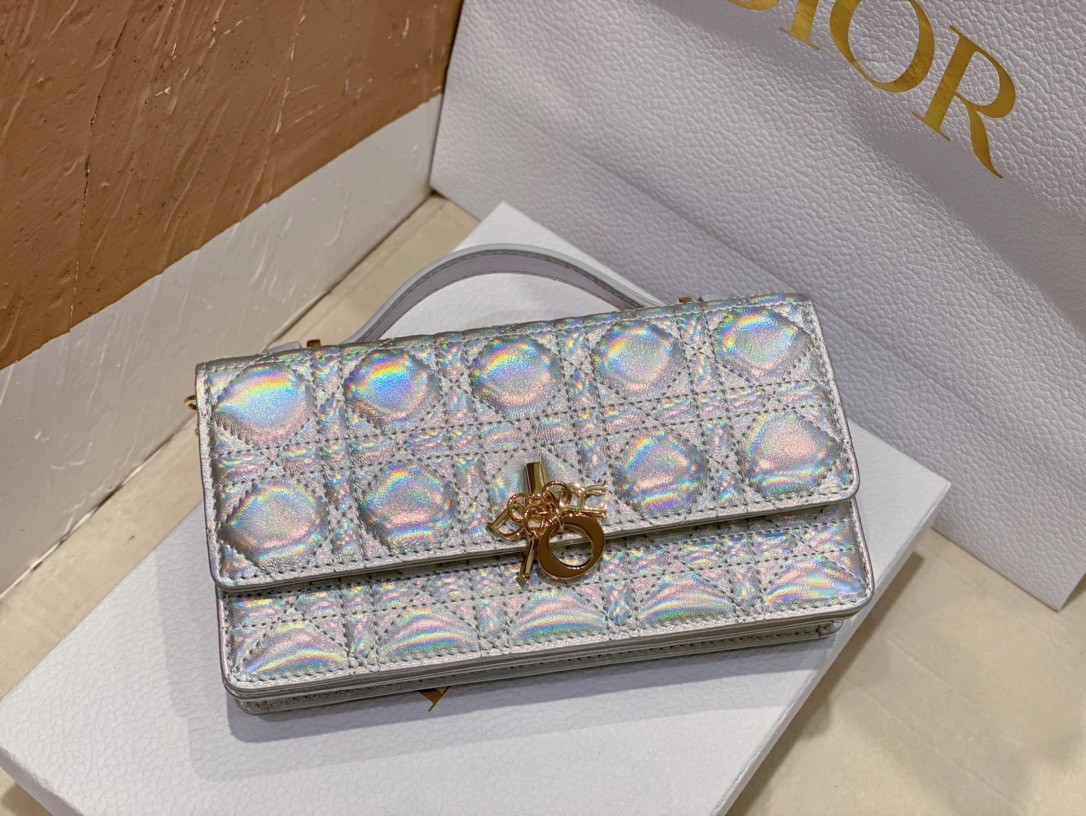 Dior Miss Dior Mini Bag In Iridescent Metallic Silver Lambskin 474