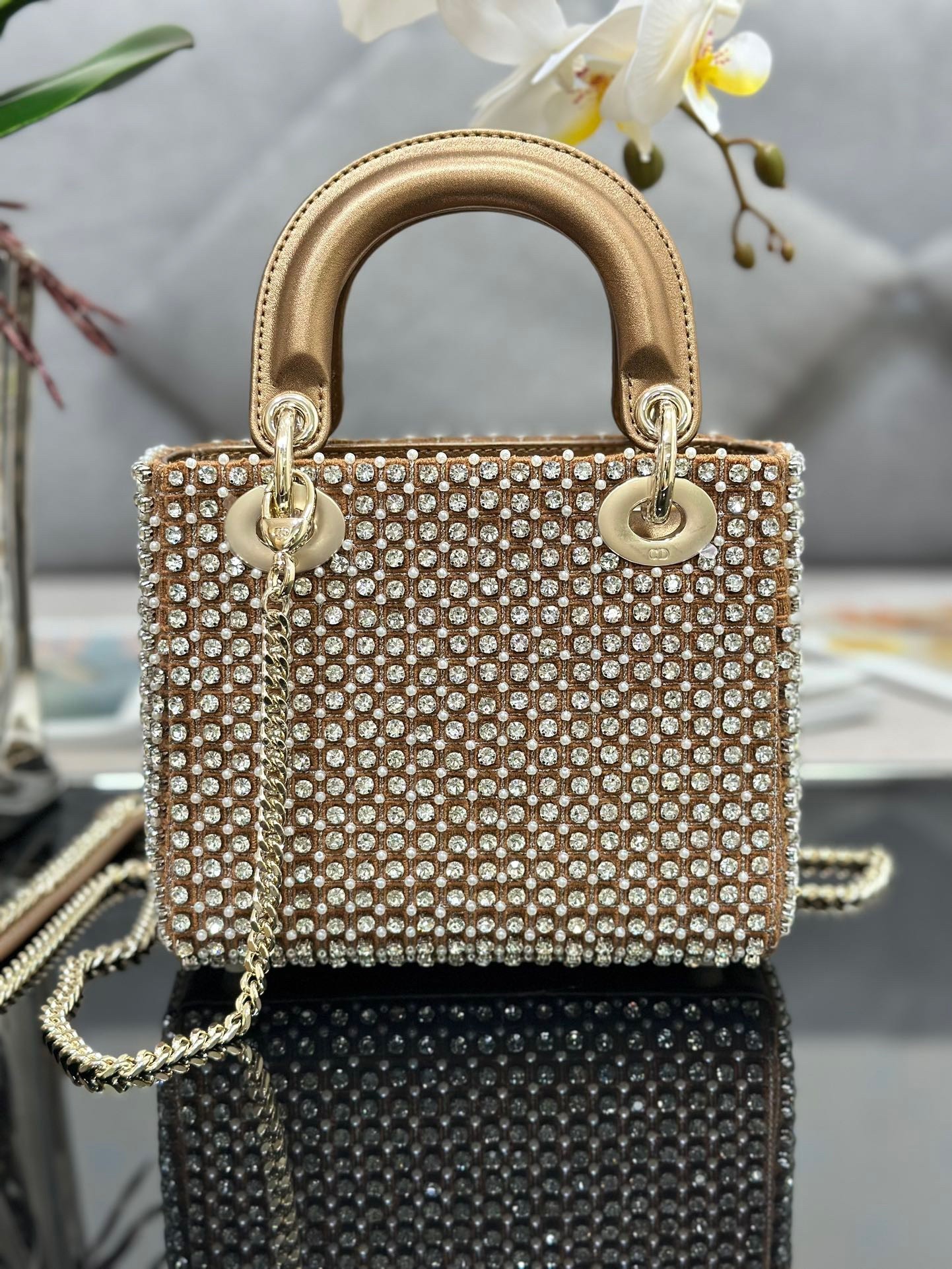 Dior Lady Dior Mini Chain Bag in Square with Strass and Beads 500