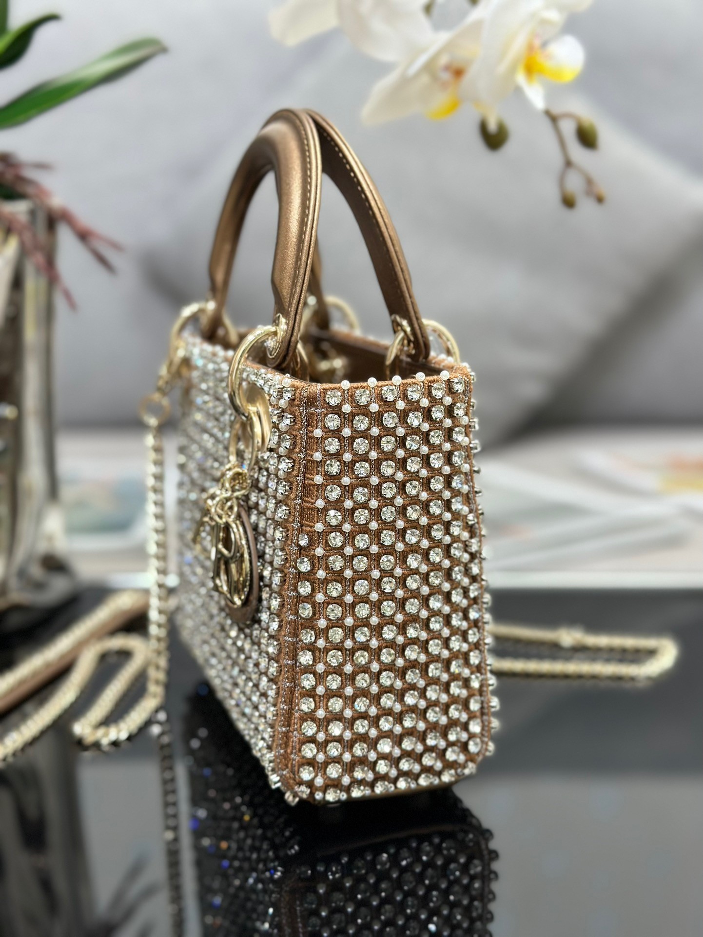 Dior Lady Dior Mini Chain Bag in Square with Strass and Beads 500