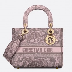 Dior Lady D-Lite Medium Bag in Grey and Pink Toile de Jouy Reverse Embroidery 581