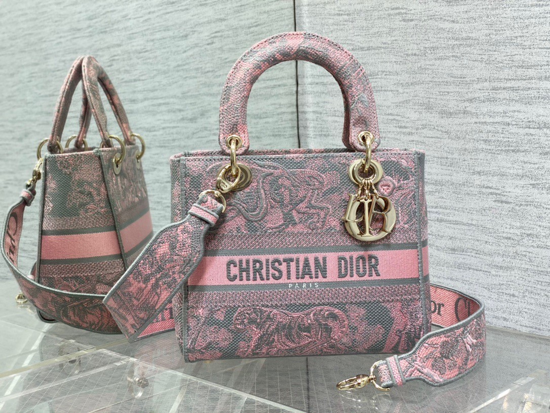 Dior Lady D-Lite Medium Bag in Grey and Pink Toile de Jouy Reverse Embroidery 581