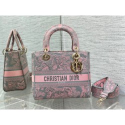 Dior Lady D-Lite Medium Bag in Grey and Pink Toile de Jouy Reverse Embroidery 581