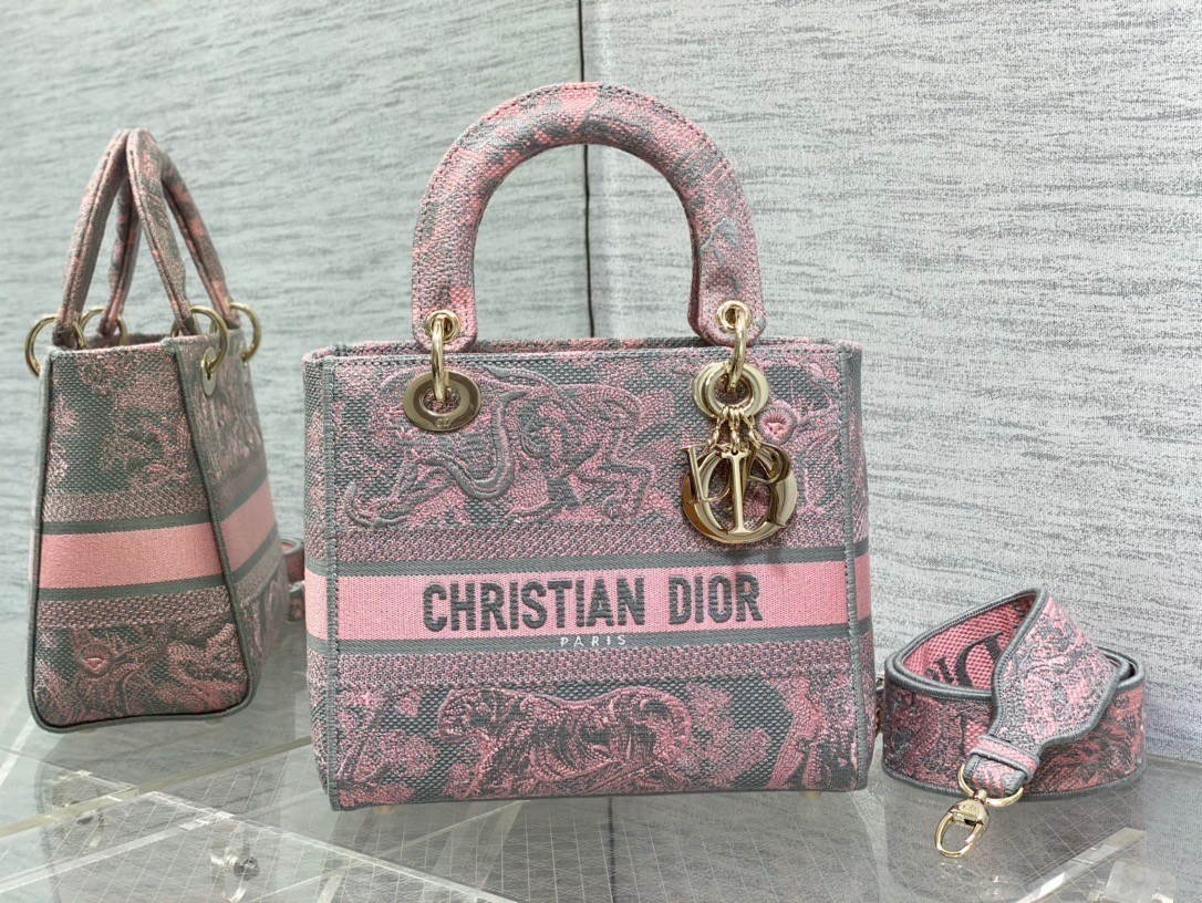 Dior Lady D-Lite Medium Bag in Grey and Pink Toile de Jouy Reverse Embroidery 581