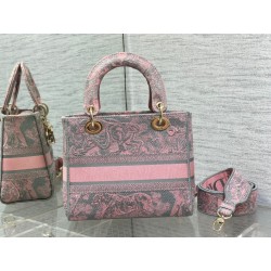 Dior Lady D-Lite Medium Bag in Grey and Pink Toile de Jouy Reverse Embroidery 581