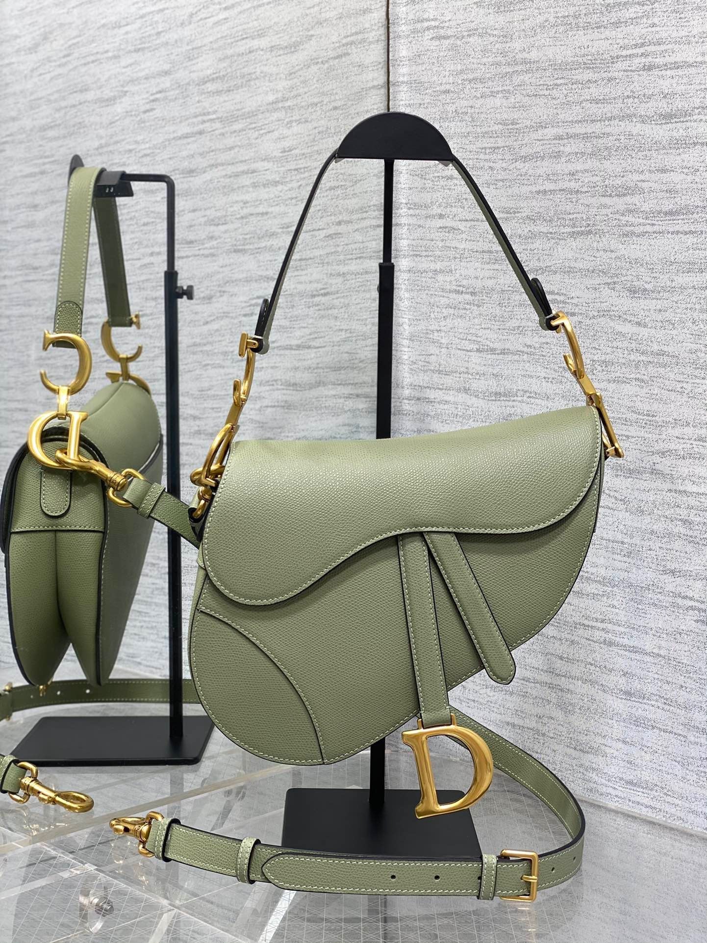 Dior Saddle Bag with Strap in Ethereal Green Grained Calfskin 591