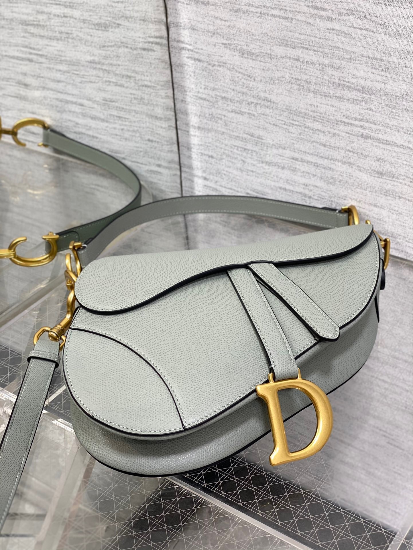 Dior Saddle Bag with Strap in Grey Stone Grained Calfskin 622