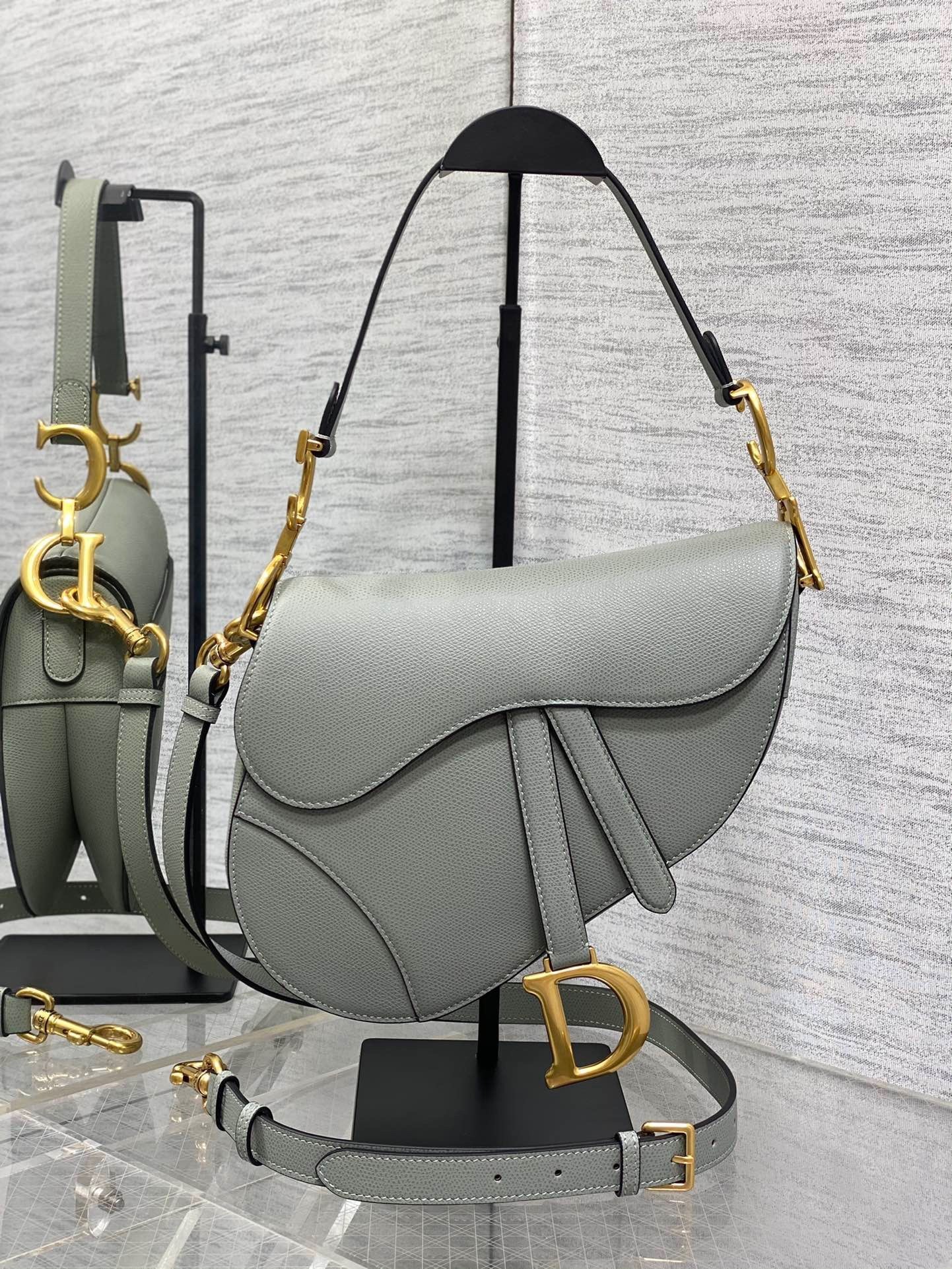 Dior Saddle Bag with Strap in Grey Stone Grained Calfskin 622