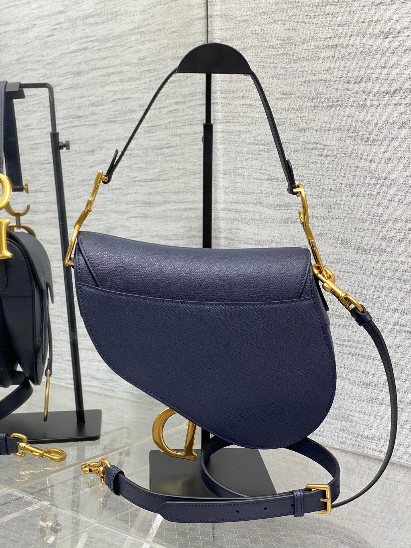 Dior Saddle Bag with Strap in Indigo Blue Grained Calfskin 647