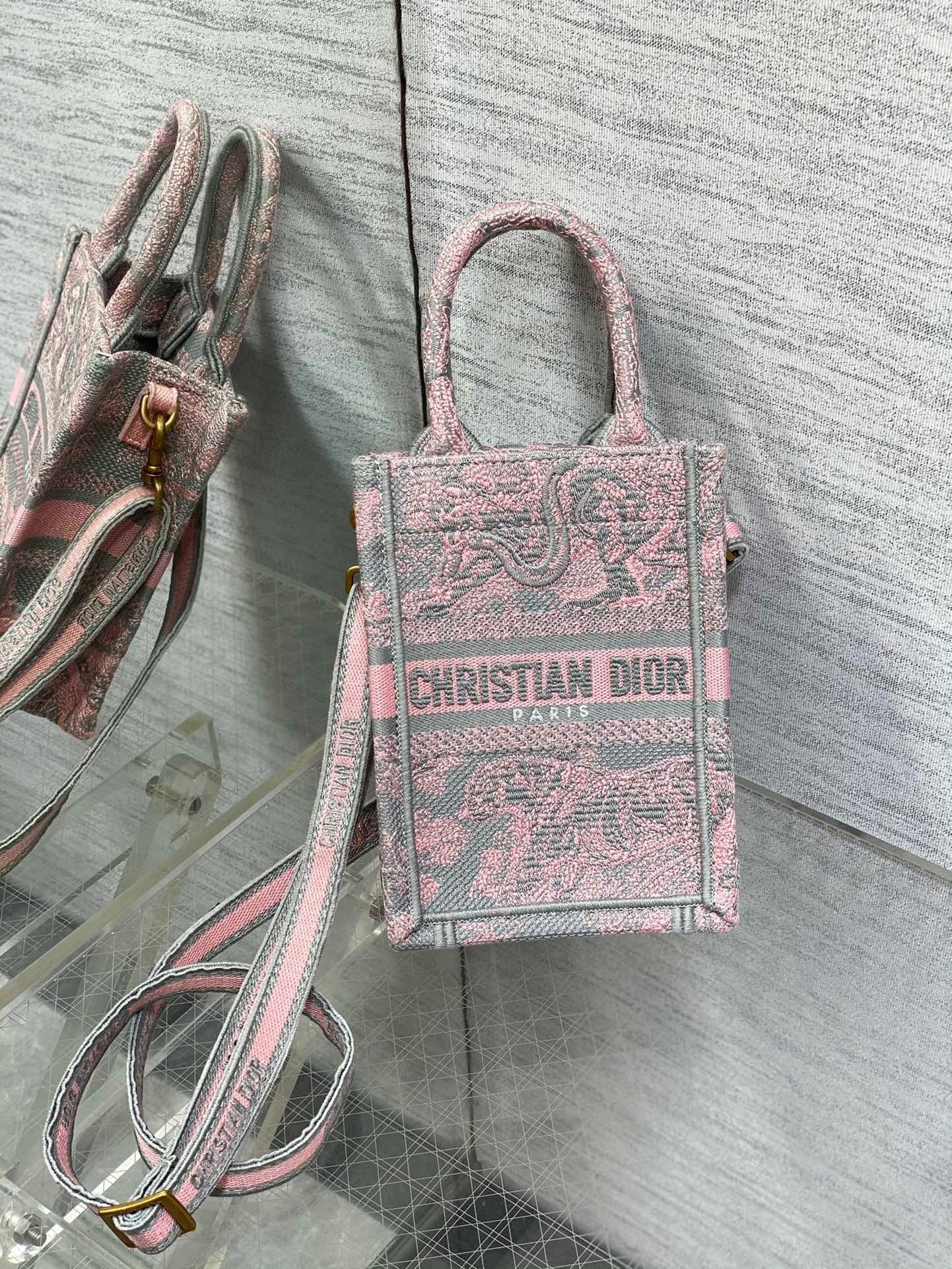 Dior Mini Dioriviera Book Tote Phone Bag In Pink Toile de Jouy Reverse Embroidery 691