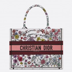 Dior Medium Book Tote Bag In White Multicolor Florilegio Embroidery 423