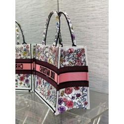 Dior Medium Book Tote Bag In White Multicolor Florilegio Embroidery 423