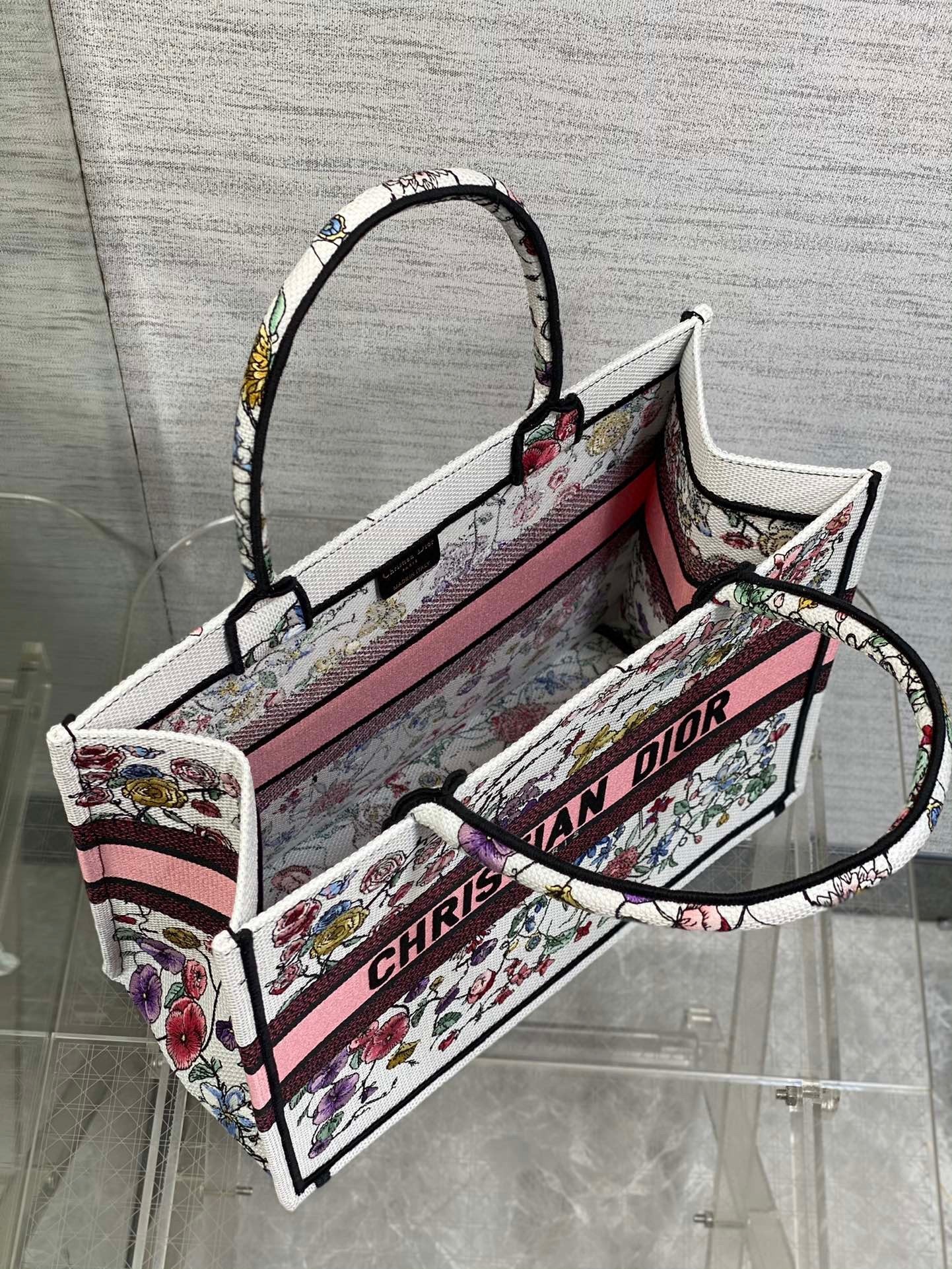 Dior Medium Book Tote Bag In White Multicolor Florilegio Embroidery 423