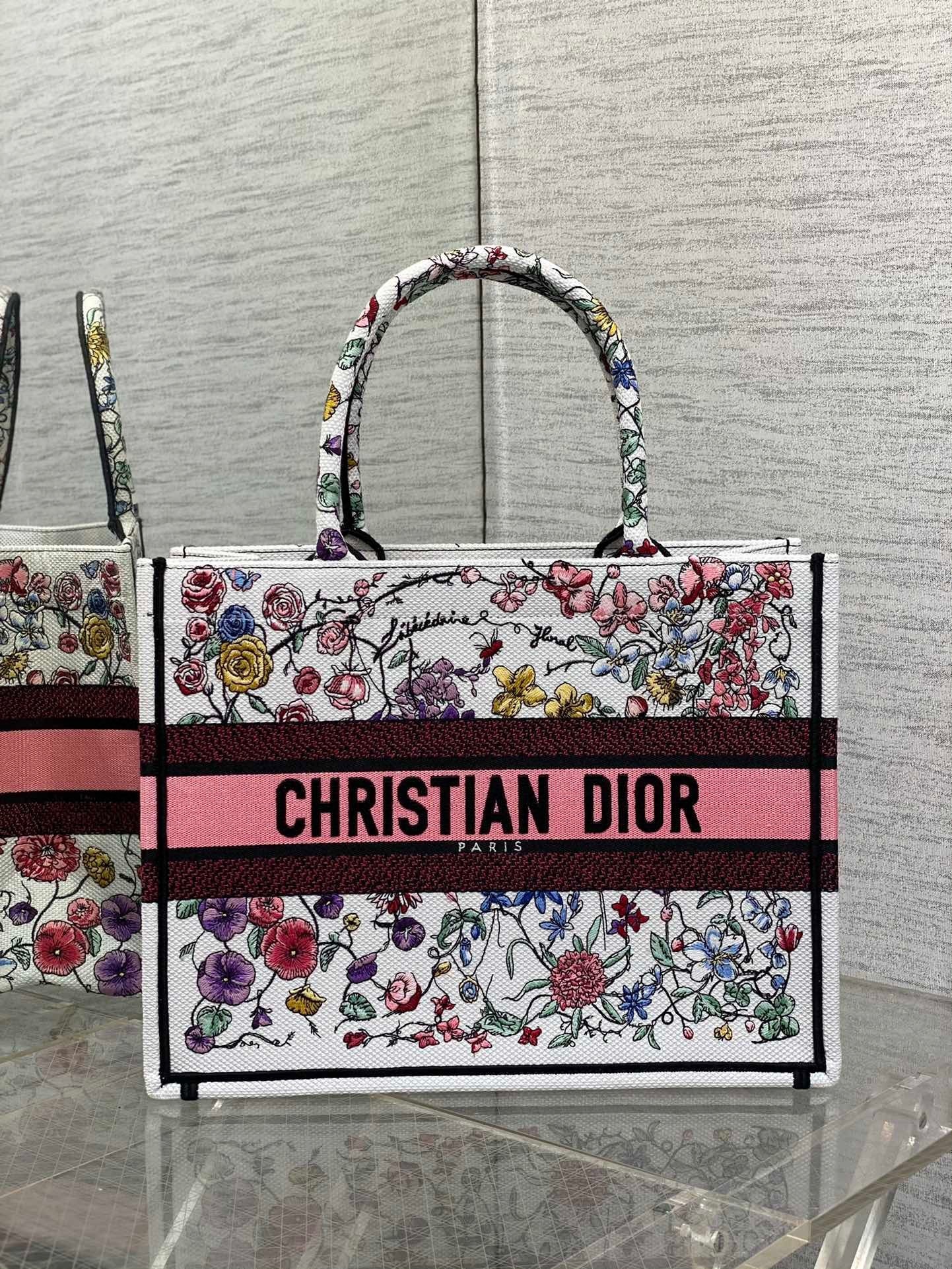 Dior Medium Book Tote Bag In White Multicolor Florilegio Embroidery 423