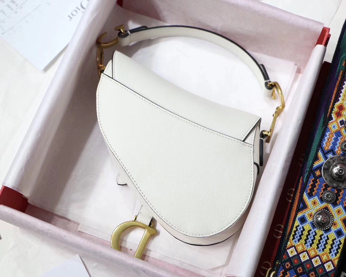 Dior Mini Saddle Bag In White Grained Calfskin 848