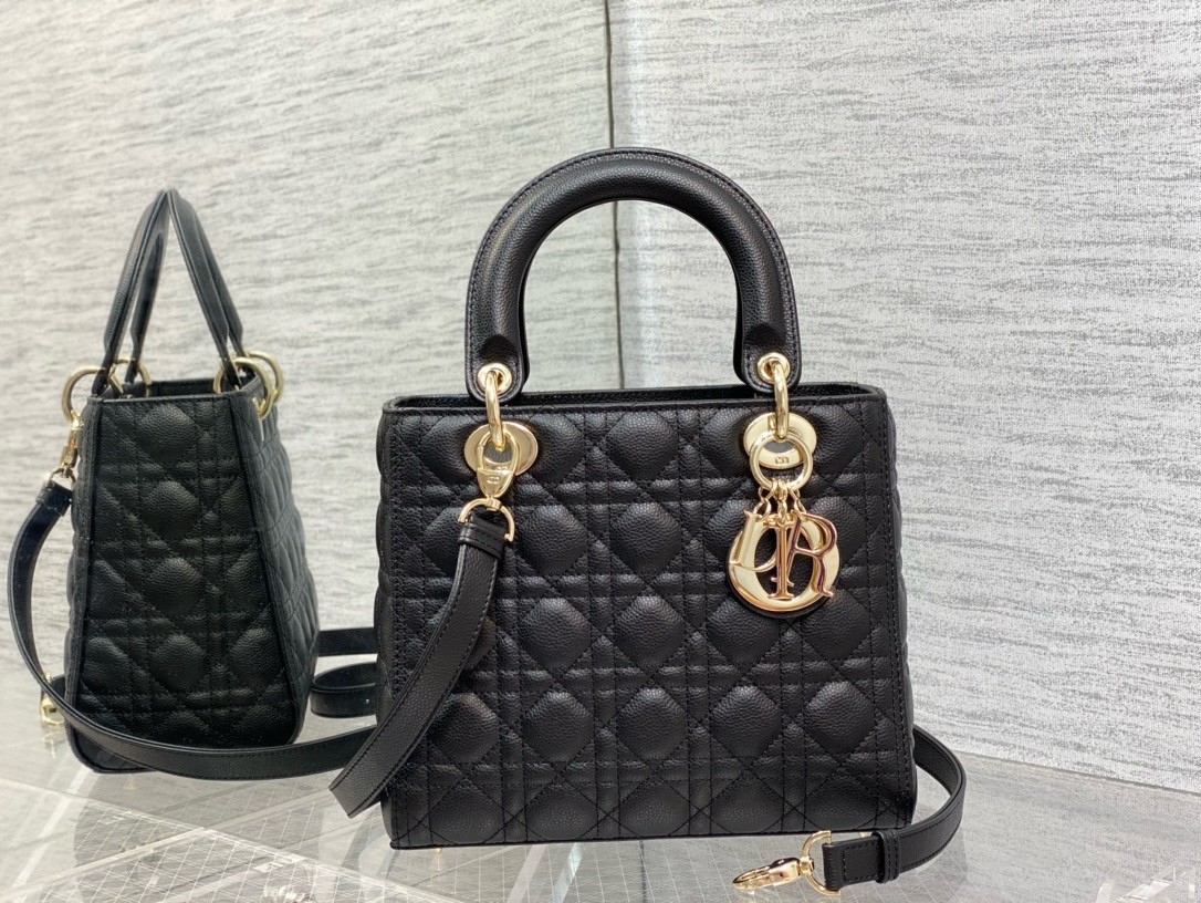 Dior Small Lady Dior Bag in Black Grained Cannage Calfskin 722