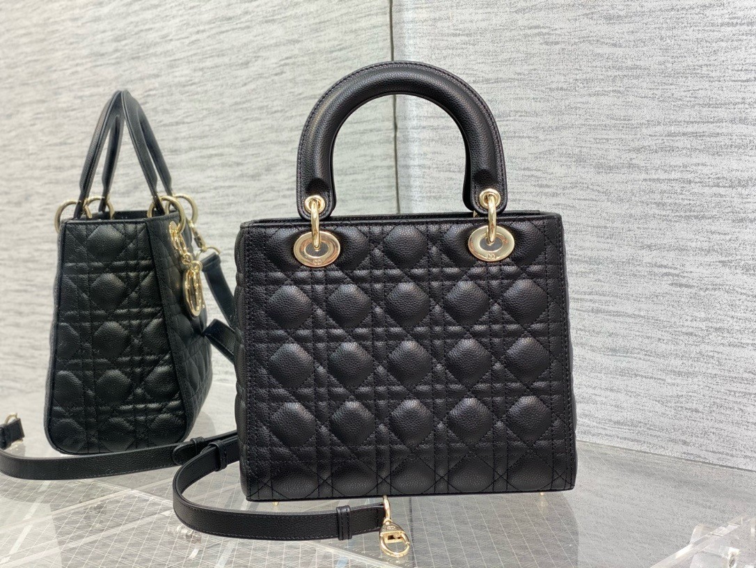 Dior Small Lady Dior Bag in Black Grained Cannage Calfskin 722