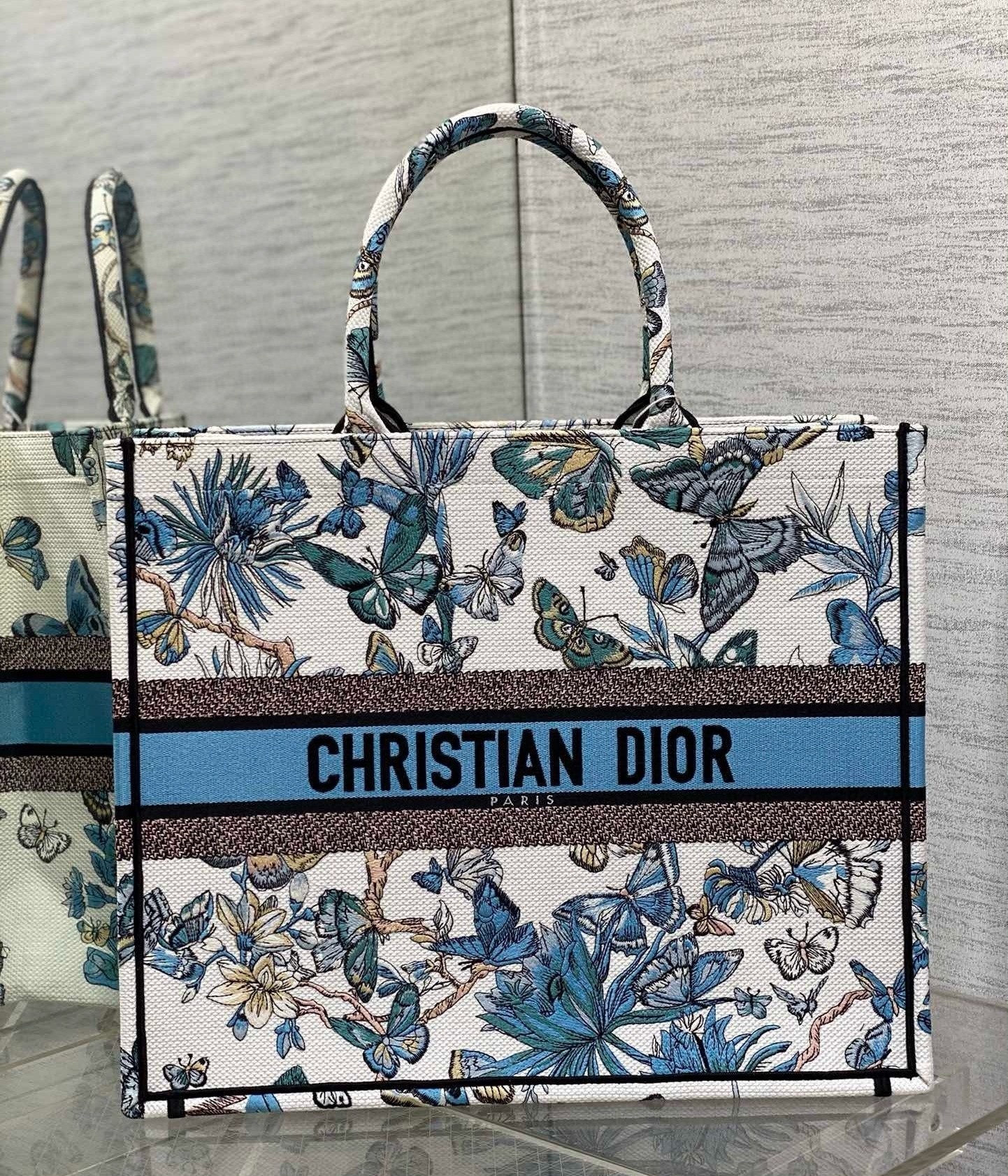 Dior Large Book Tote Bag in White and Blue Toile de Jouy Mexico Embroidery  981