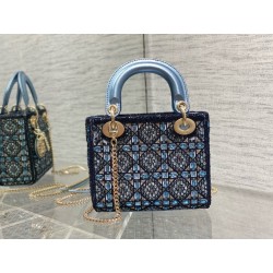 Dior Lady Dior Mini Chain Bag in Satin with Blue Bead Embroidery 428