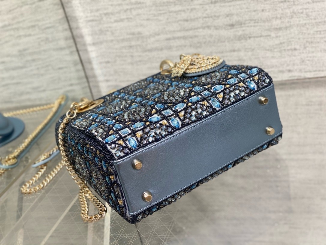 Dior Lady Dior Mini Chain Bag in Satin with Blue Bead Embroidery 428