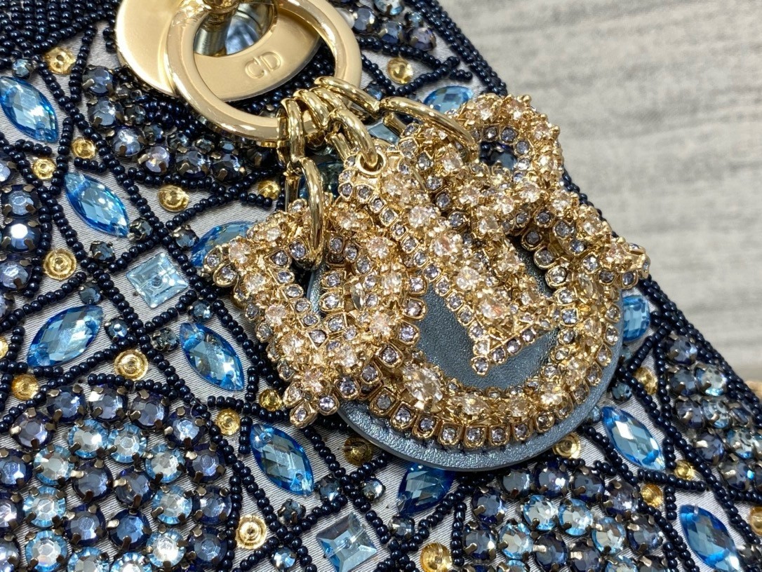 Dior Lady Dior Mini Chain Bag in Satin with Blue Bead Embroidery 428