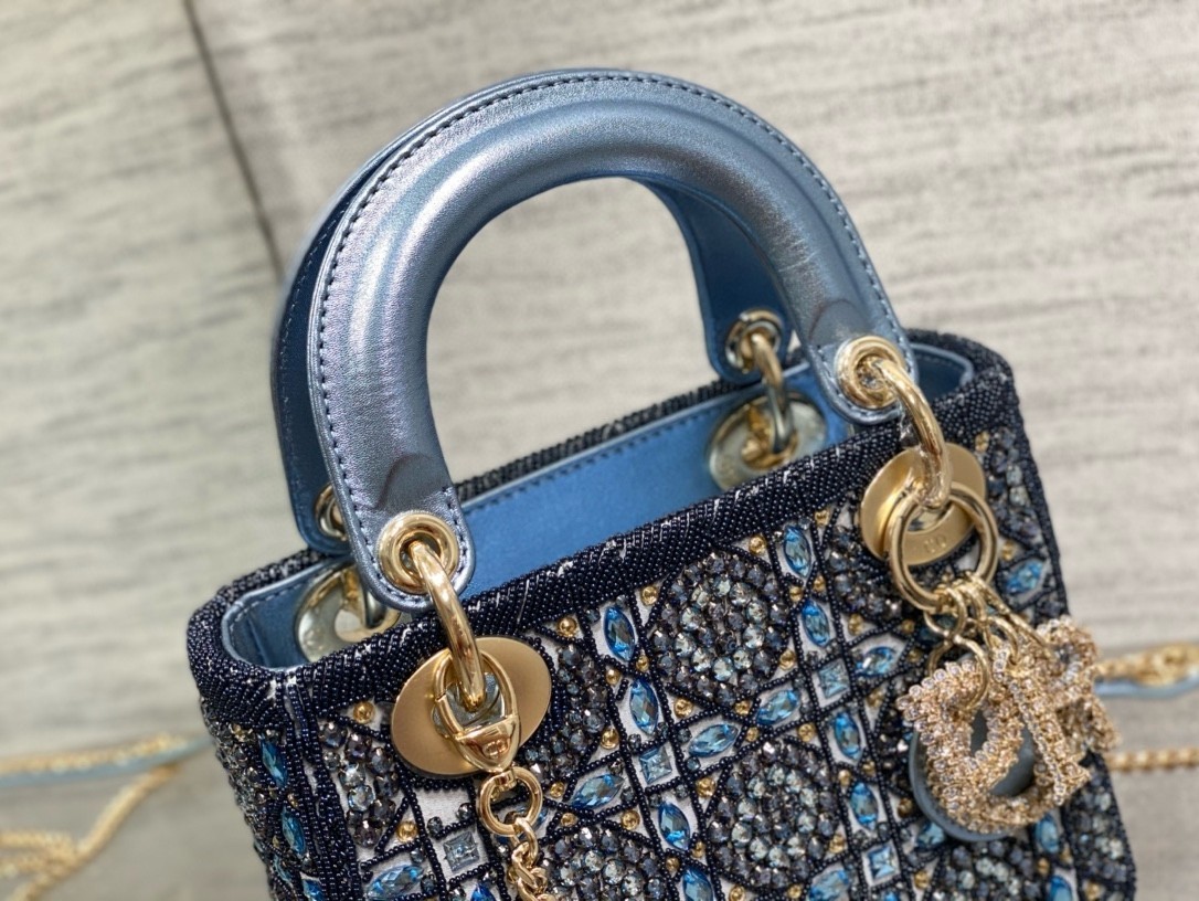 Dior Lady Dior Mini Chain Bag in Satin with Blue Bead Embroidery 428