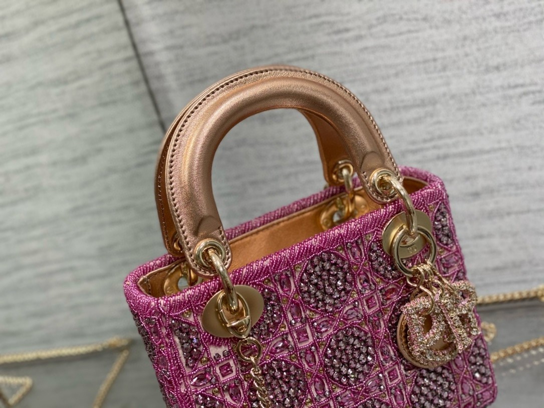 Dior Lady Dior Mini Chain Bag in Satin with Pink Resin Pearl Embroidery 446