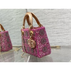 Dior Lady Dior Mini Chain Bag in Satin with Pink Resin Pearl Embroidery 446