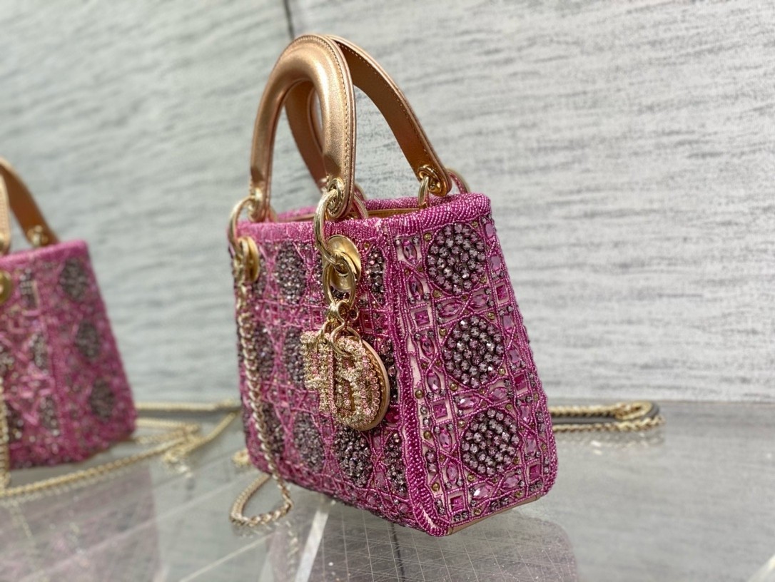 Dior Lady Dior Mini Chain Bag in Satin with Pink Resin Pearl Embroidery 446