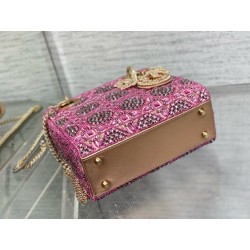 Dior Lady Dior Mini Chain Bag in Satin with Pink Resin Pearl Embroidery 446