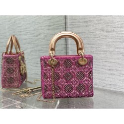 Dior Lady Dior Mini Chain Bag in Satin with Pink Resin Pearl Embroidery 446