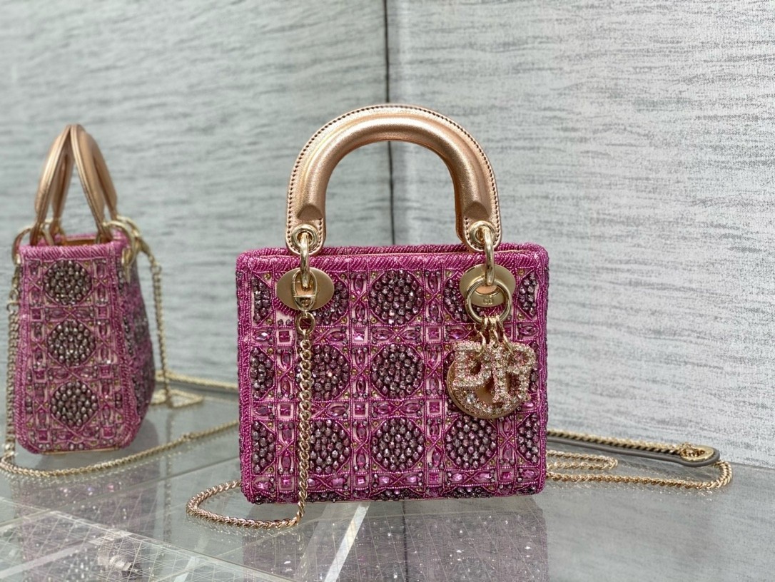 Dior Lady Dior Mini Chain Bag in Satin with Pink Resin Pearl Embroidery 446