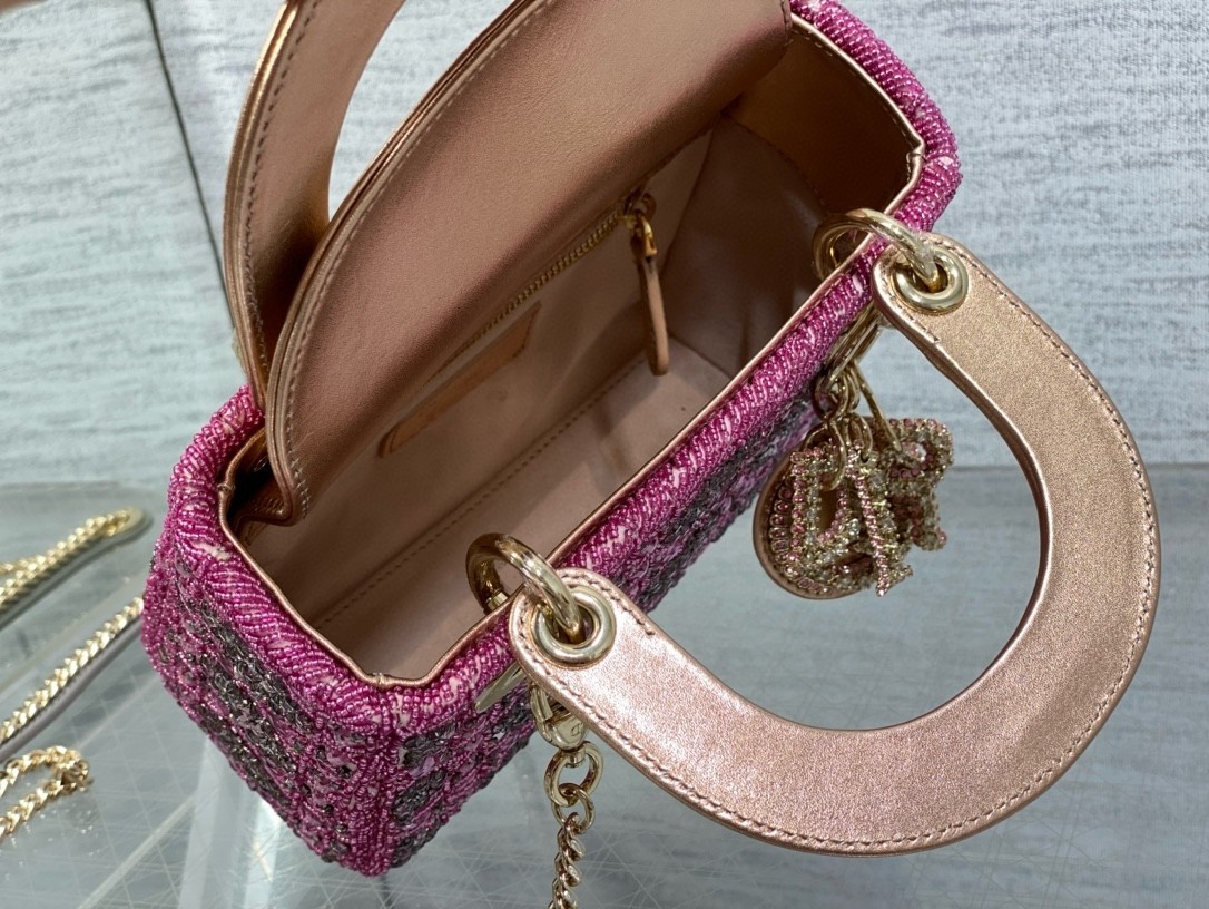 Dior Lady Dior Mini Chain Bag in Satin with Pink Resin Pearl Embroidery 446