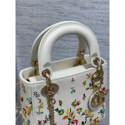 Dior Lady Dior Mini Bag in White Calfskin with Multicolor Small Flowers 478