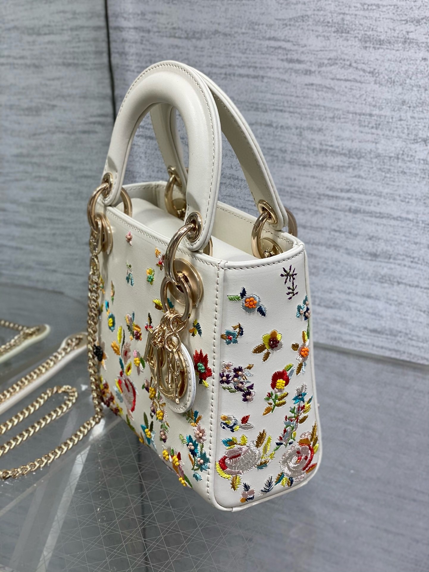 Dior Lady Dior Mini Bag in White Calfskin with Multicolor Small Flowers 478