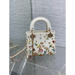 Dior Lady Dior Mini Bag in White Calfskin with Multicolor Small Flowers 478