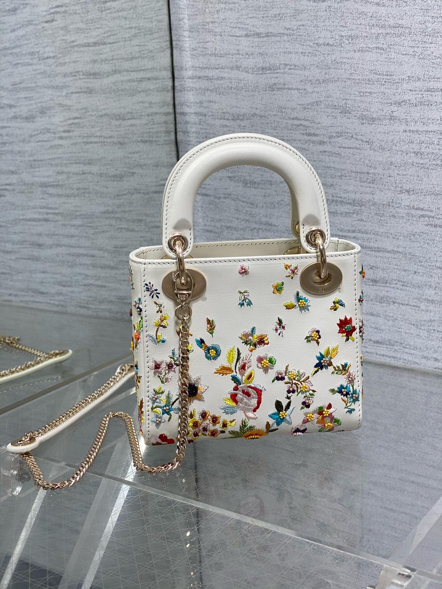 Dior Lady Dior Mini Bag in White Calfskin with Multicolor Small Flowers 478