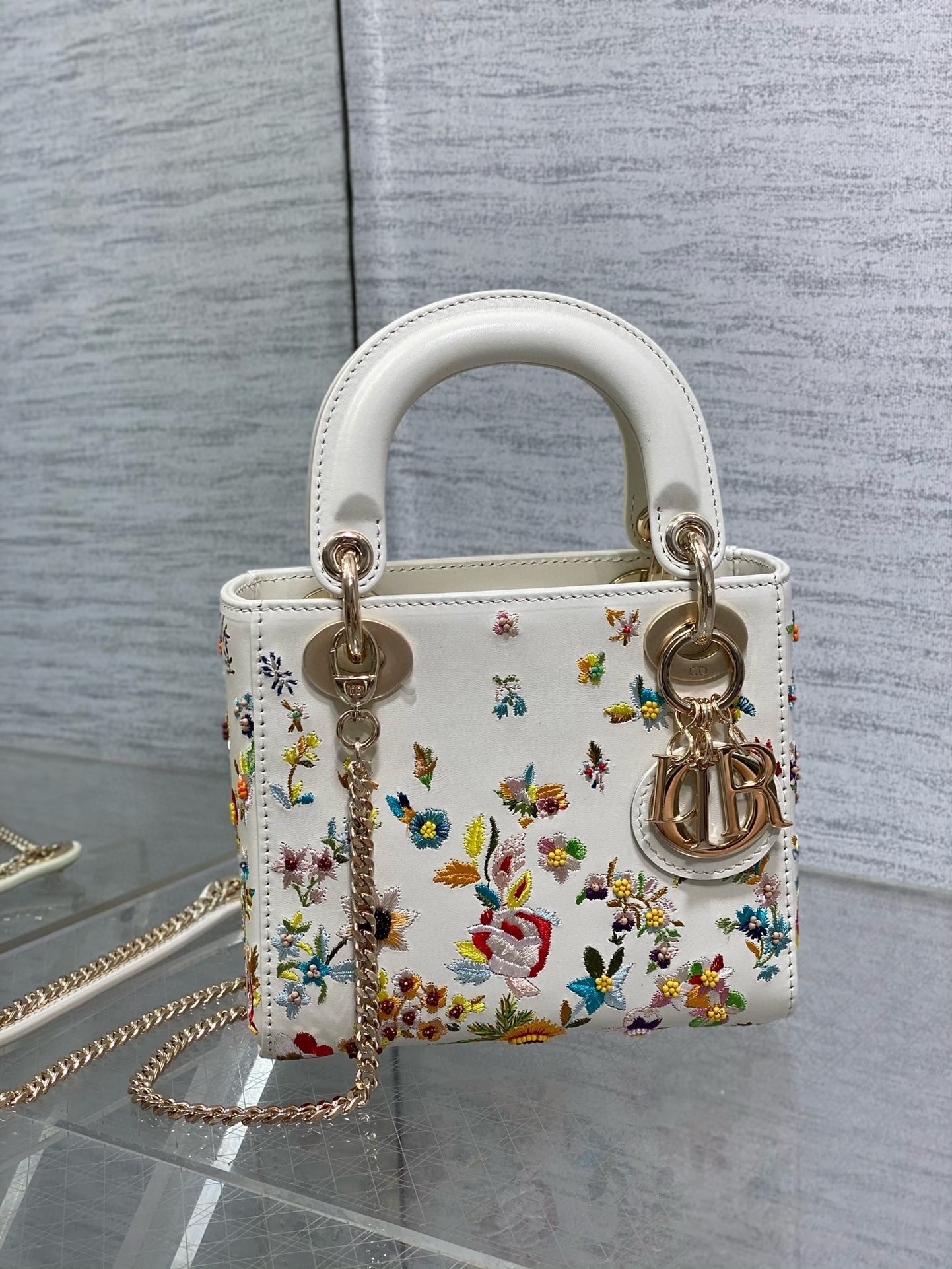 Dior Lady Dior Mini Bag in White Calfskin with Multicolor Small Flowers 478