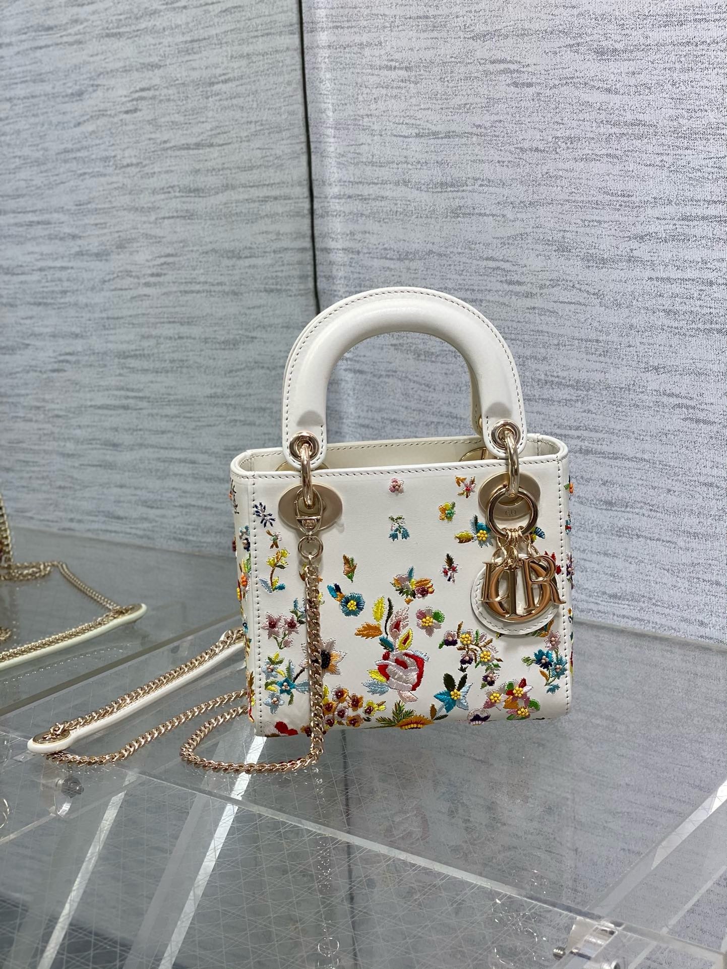 Dior Lady Dior Mini Bag in White Calfskin with Multicolor Small Flowers 478