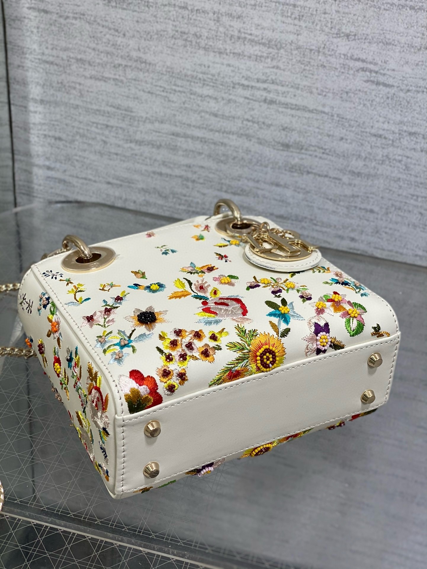 Dior Lady Dior Mini Bag in White Calfskin with Multicolor Small Flowers 478