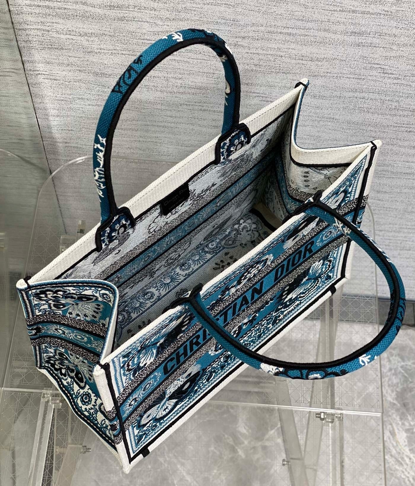 Dior Medium Book Tote Bag in Blue Butterfly Bandana Embroidery 549