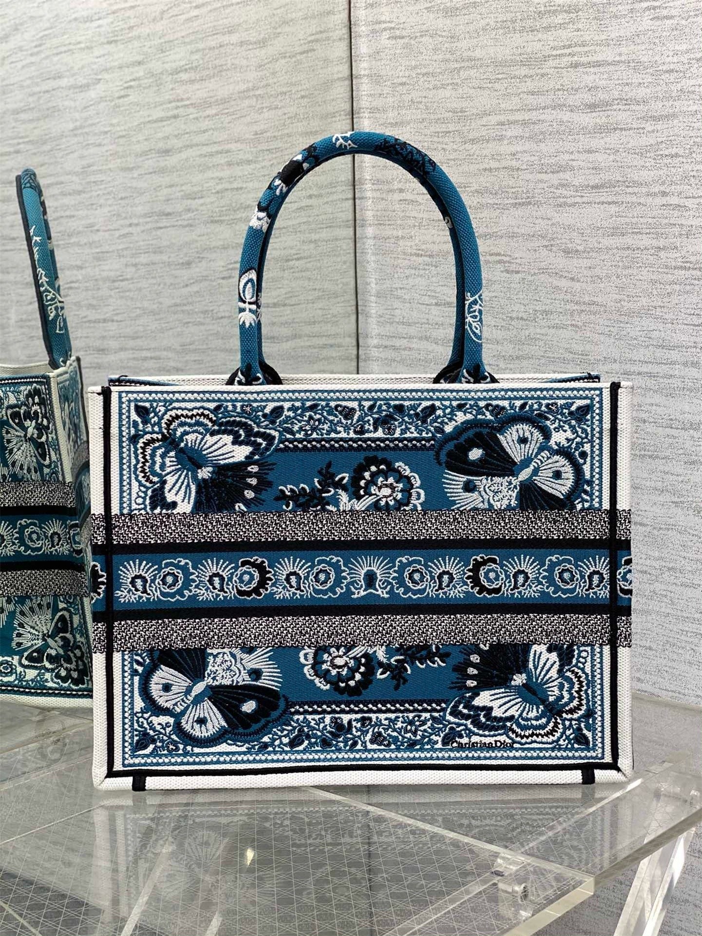 Dior Medium Book Tote Bag in Blue Butterfly Bandana Embroidery 549