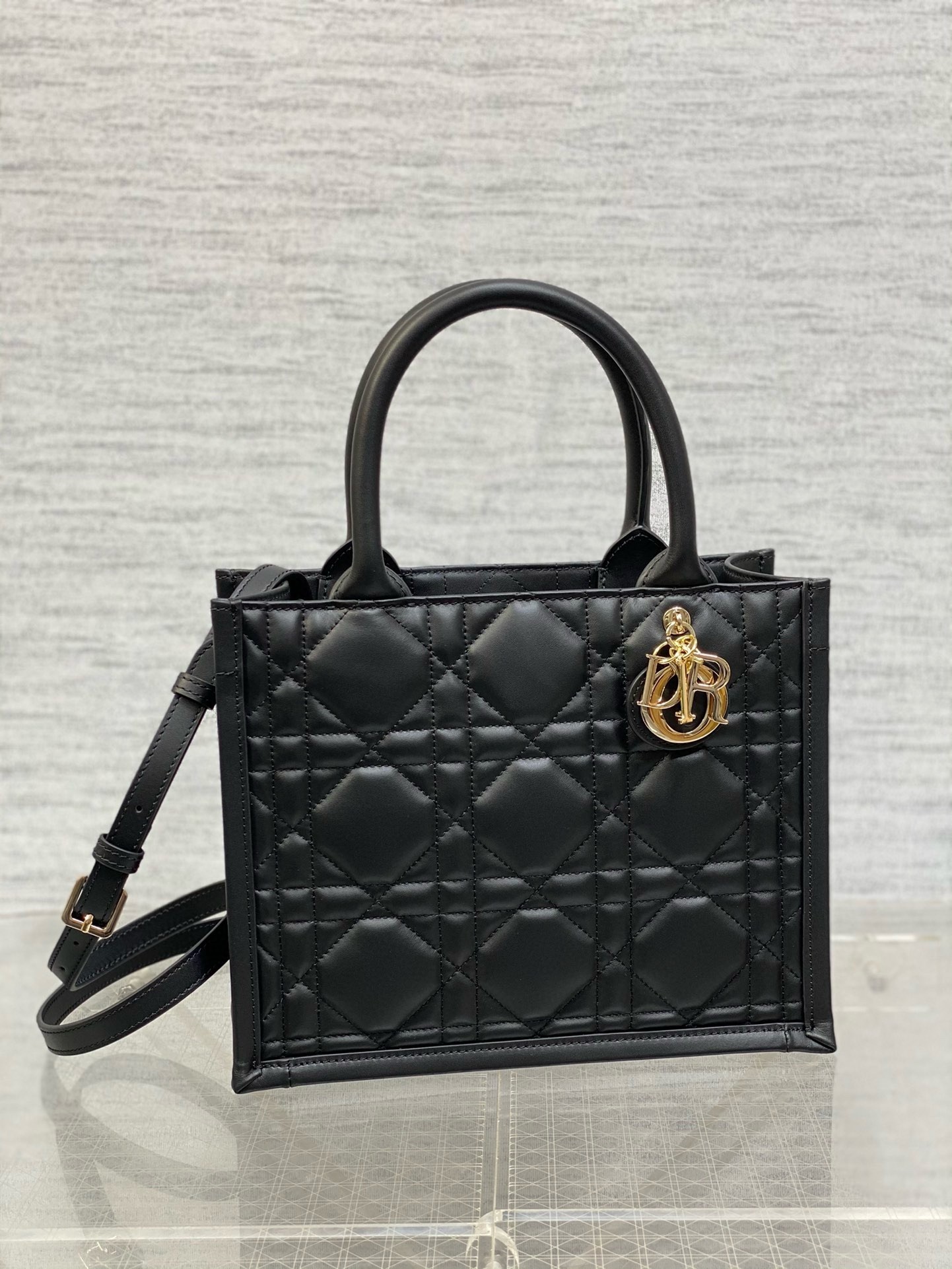 Dior Small Book Tote Bag with Strap in Black Macrocannage Calfskin 976