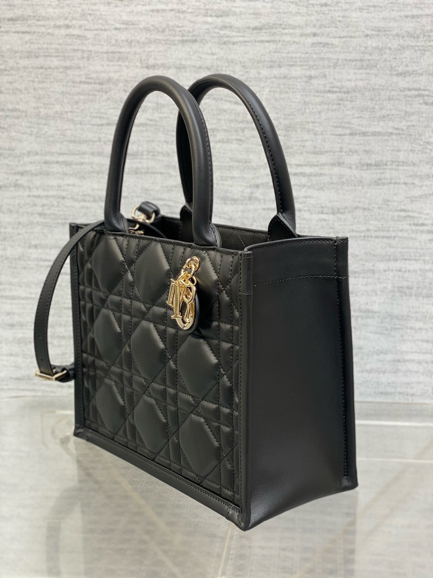 Dior Small Book Tote Bag with Strap in Black Macrocannage Calfskin 976